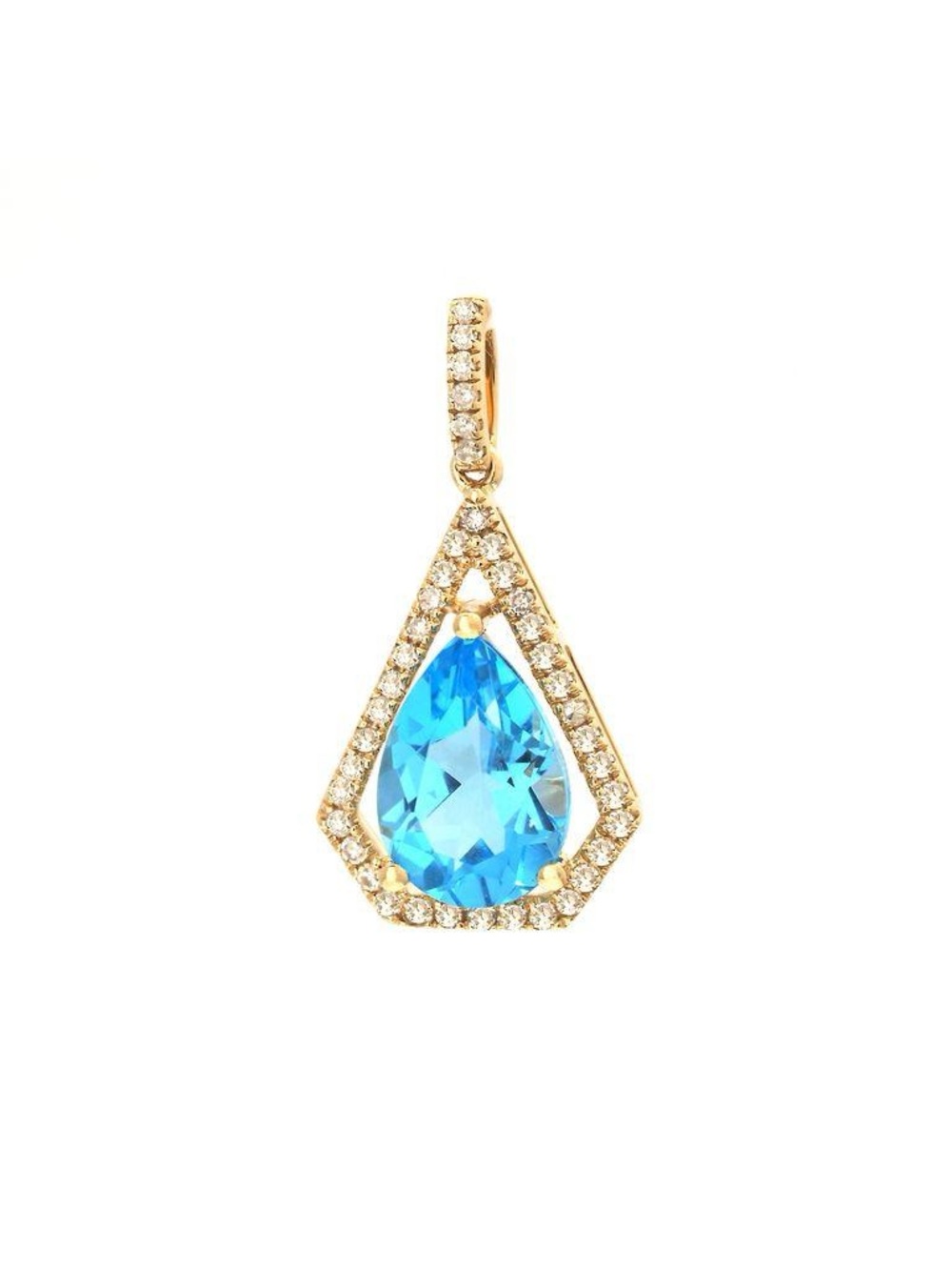 14K Real Solid Yellow Gold Natural Blue Topaz and Diamond Pendant 12×22mm
